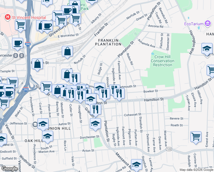 map of restaurants, bars, coffee shops, grocery stores, and more near 13 Dartmouth Street in Worcester