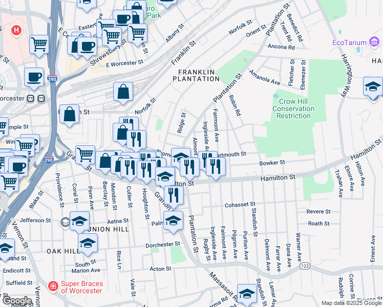 map of restaurants, bars, coffee shops, grocery stores, and more near 102 Plantation Street in Worcester