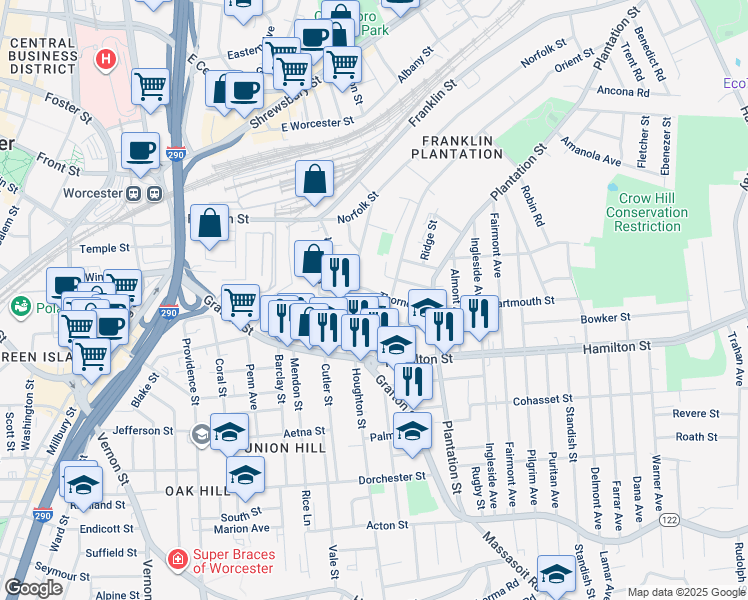 map of restaurants, bars, coffee shops, grocery stores, and more near 18 Thorne Street in Worcester
