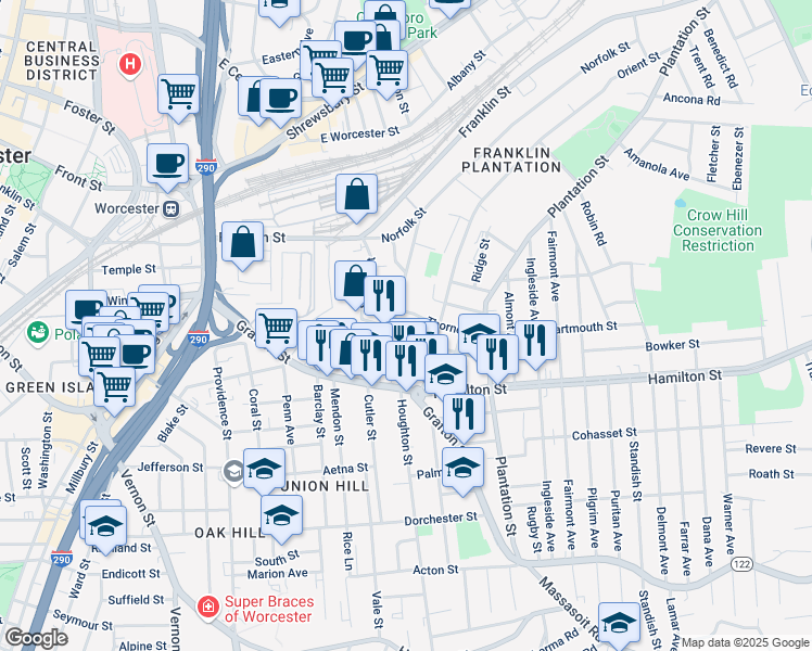 map of restaurants, bars, coffee shops, grocery stores, and more near 18 Thorne Street in Worcester