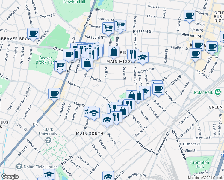 map of restaurants, bars, coffee shops, grocery stores, and more near 36 King Street in Worcester