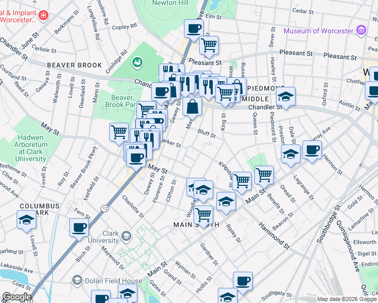 map of restaurants, bars, coffee shops, grocery stores, and more near 46 Kingsbury Street in Worcester
