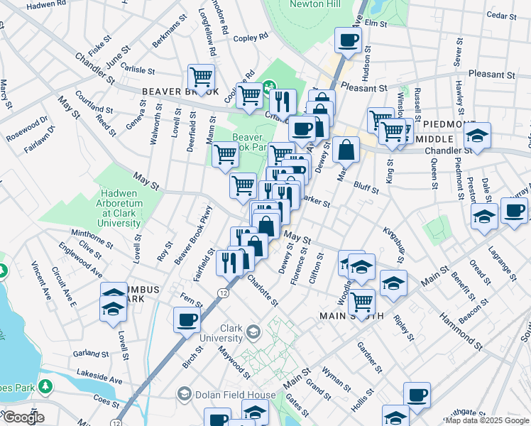 map of restaurants, bars, coffee shops, grocery stores, and more near 123 Mayfield Street in Worcester