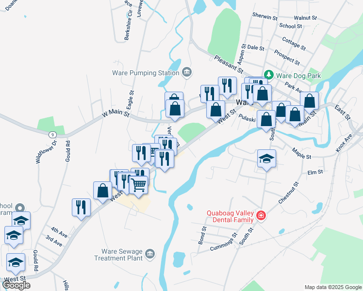 map of restaurants, bars, coffee shops, grocery stores, and more near 96A West Street in Ware