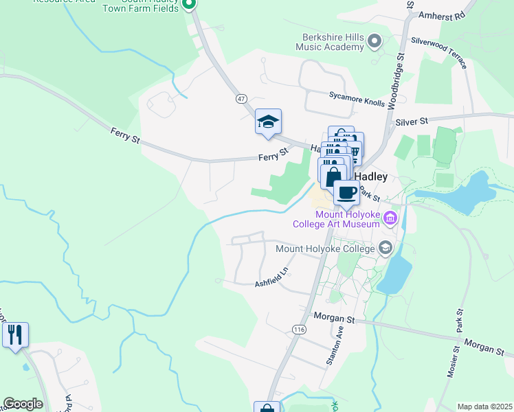 map of restaurants, bars, coffee shops, grocery stores, and more near Jewett Lane in South Hadley