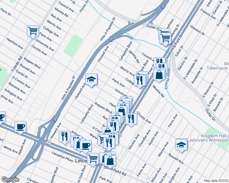 map of restaurants, bars, coffee shops, grocery stores, and more near 1429 University Avenue in Lincoln Park