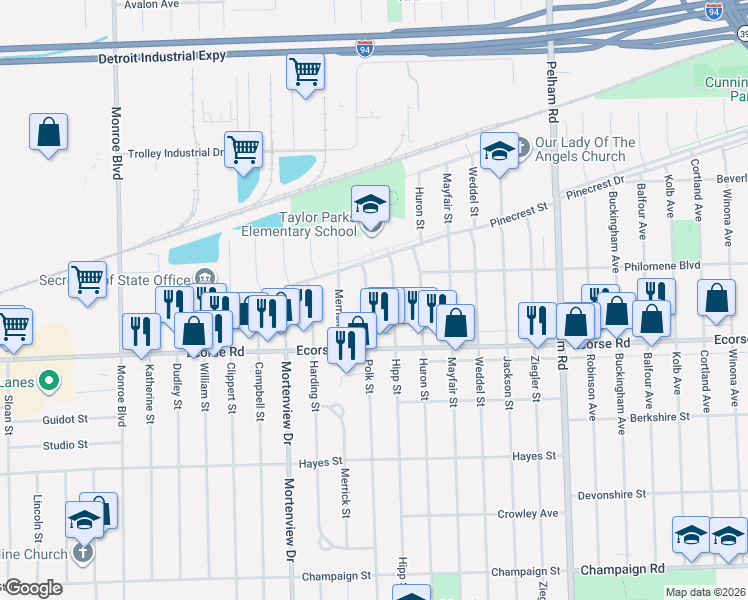 map of restaurants, bars, coffee shops, grocery stores, and more near 6773 Polk Street in Taylor