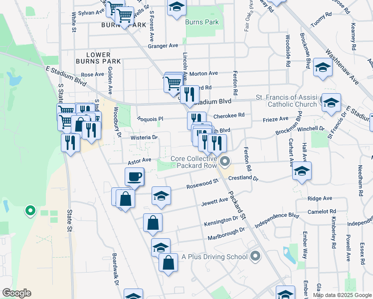 map of restaurants, bars, coffee shops, grocery stores, and more near 1402 Coler Road in Ann Arbor