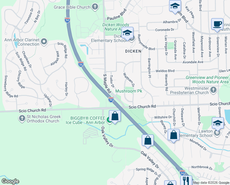 map of restaurants, bars, coffee shops, grocery stores, and more near 1720 Tudor Drive in Ann Arbor