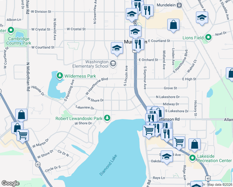map of restaurants, bars, coffee shops, grocery stores, and more near 322 Southeast Garfield Avenue in Mundelein