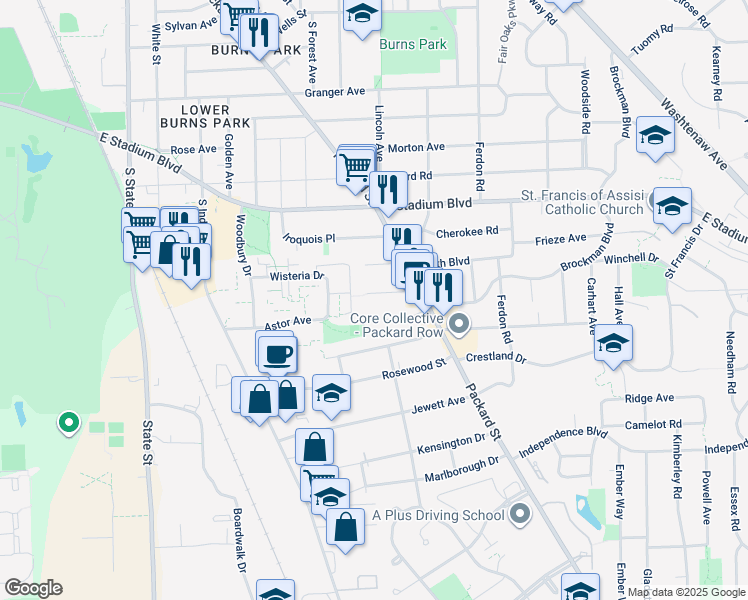 map of restaurants, bars, coffee shops, grocery stores, and more near 1402 Coler Road in Ann Arbor