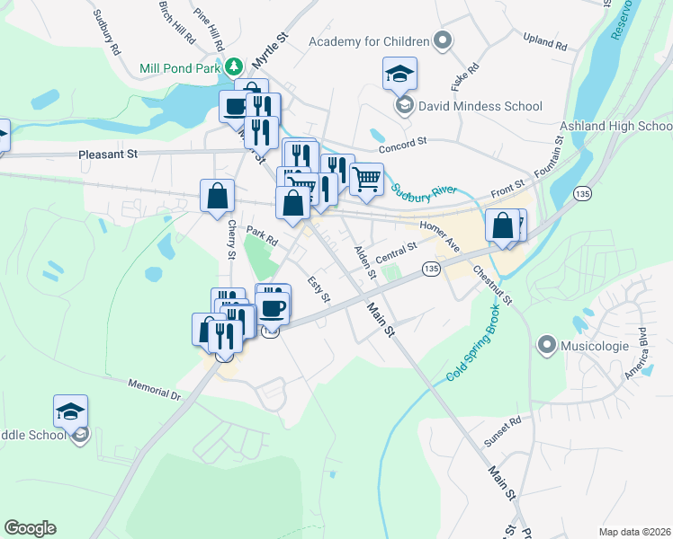 map of restaurants, bars, coffee shops, grocery stores, and more near 289 Main Street in Ashland