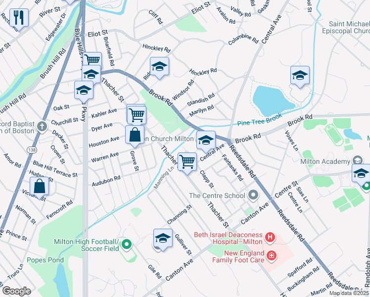 map of restaurants, bars, coffee shops, grocery stores, and more near 18 Breck Street in Milton