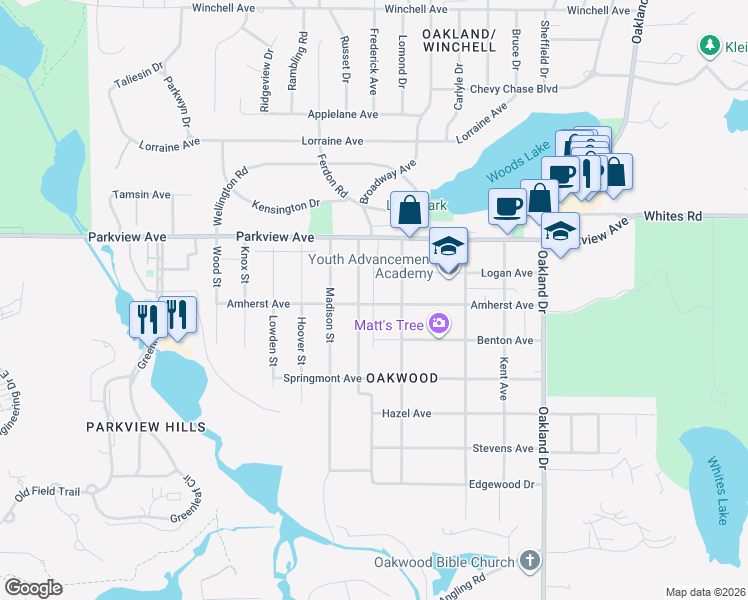 map of restaurants, bars, coffee shops, grocery stores, and more near 2528 Amherst Avenue in Kalamazoo