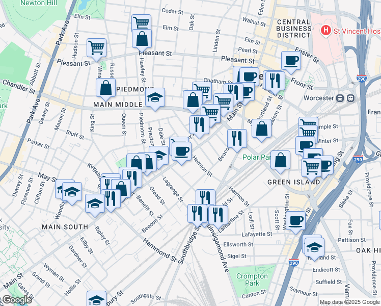 map of restaurants, bars, coffee shops, grocery stores, and more near 717 Main Street in Worcester