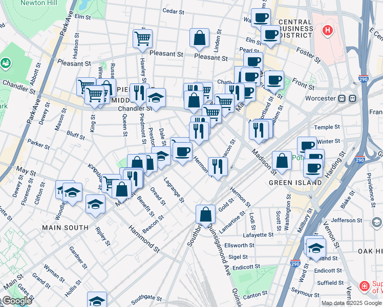 map of restaurants, bars, coffee shops, grocery stores, and more near 717 Main Street in Worcester