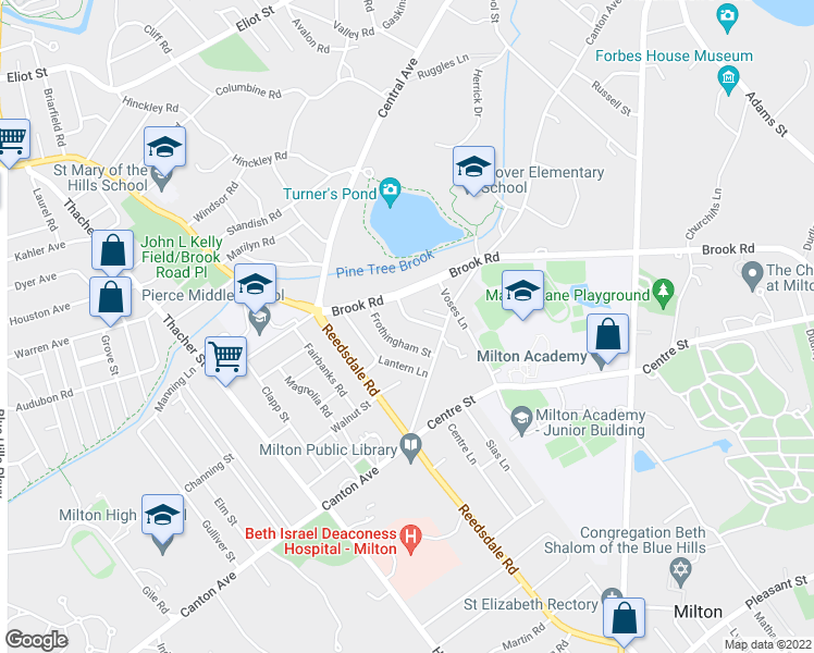 map of restaurants, bars, coffee shops, grocery stores, and more near 21 Cape Cod Lane in Milton