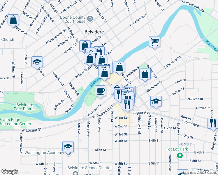 map of restaurants, bars, coffee shops, grocery stores, and more near 137 South State Street in Belvidere