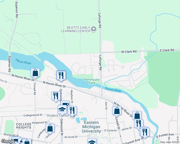 map of restaurants, bars, coffee shops, grocery stores, and more near 725 Green Road in Ypsilanti