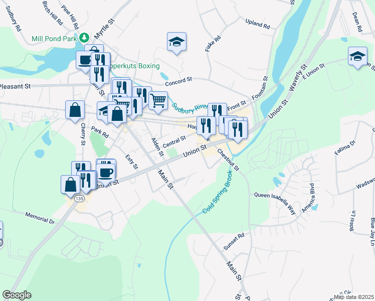 map of restaurants, bars, coffee shops, grocery stores, and more near 183 Union Street in Ashland