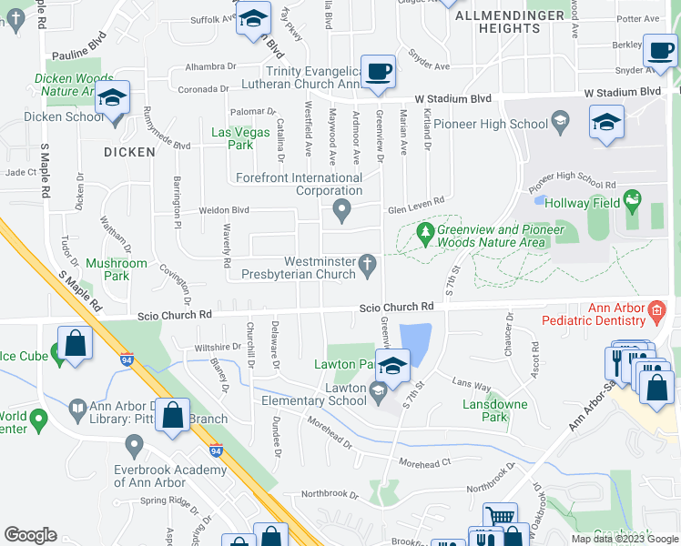 map of restaurants, bars, coffee shops, grocery stores, and more near 1526 Hanover Court in Ann Arbor