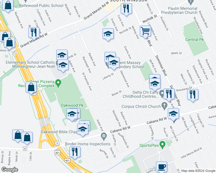 map of restaurants, bars, coffee shops, grocery stores, and more near 3456 Rankin Avenue in Windsor