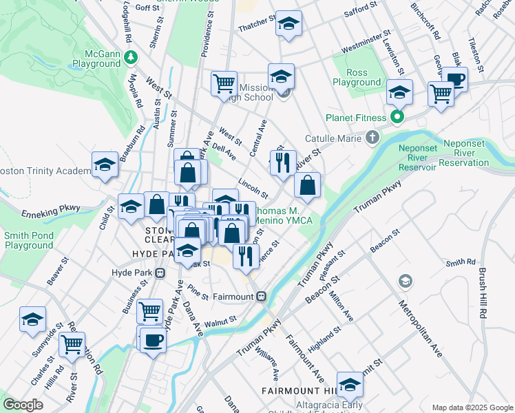 map of restaurants, bars, coffee shops, grocery stores, and more near 1109 River Street in Boston
