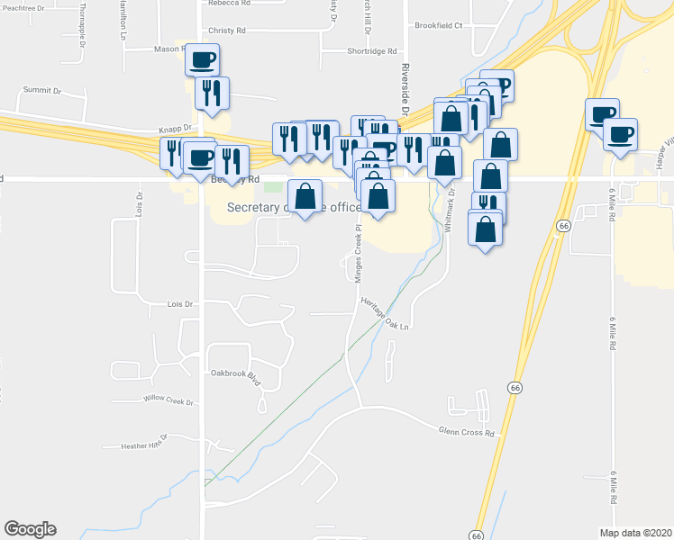 map of restaurants, bars, coffee shops, grocery stores, and more near 36 Minges Creek Place in Battle Creek