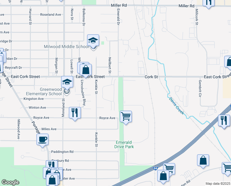 map of restaurants, bars, coffee shops, grocery stores, and more near 2276 East Cork Street in Kalamazoo