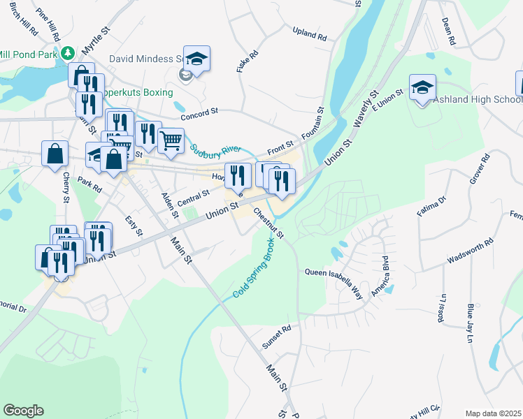 map of restaurants, bars, coffee shops, grocery stores, and more near 10-12 Chestnut Street in Ashland