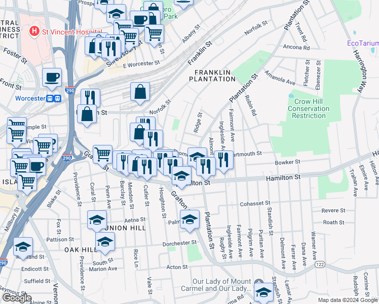 map of restaurants, bars, coffee shops, grocery stores, and more near 101 Plantation Street in Worcester