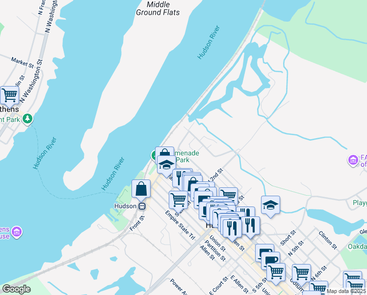 map of restaurants, bars, coffee shops, grocery stores, and more near 68 State St in Hudson