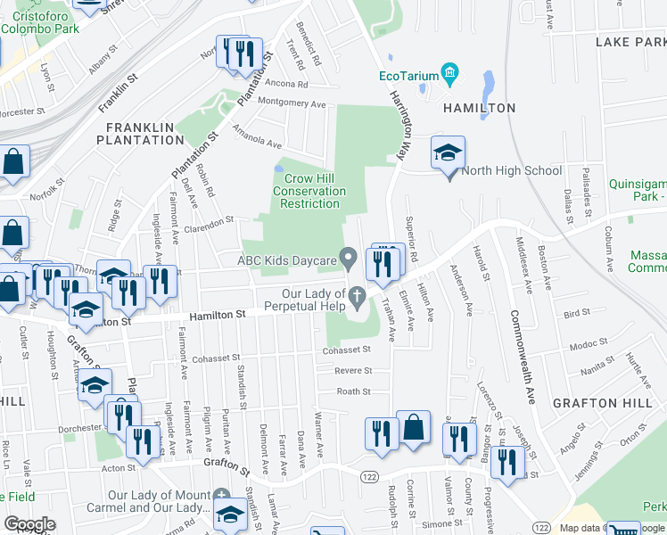 map of restaurants, bars, coffee shops, grocery stores, and more near 7 Stratfield Street in Worcester