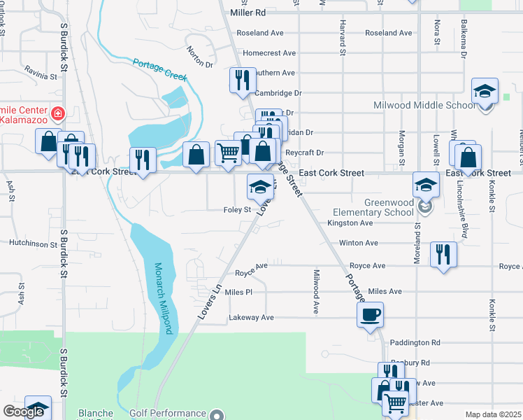 map of restaurants, bars, coffee shops, grocery stores, and more near 3400 Lovers Lane in Kalamazoo