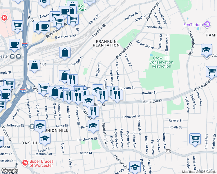 map of restaurants, bars, coffee shops, grocery stores, and more near 13 Dartmouth Street in Worcester