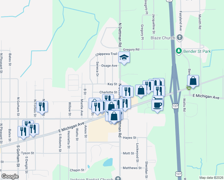 map of restaurants, bars, coffee shops, grocery stores, and more near 3018 Charlotte Street in Jackson