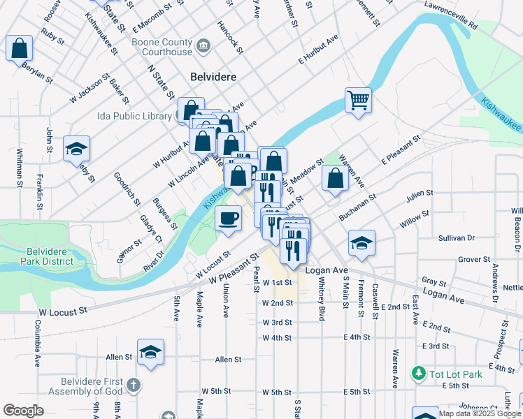 map of restaurants, bars, coffee shops, grocery stores, and more near 200 South State Street in Belvidere