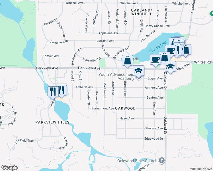 map of restaurants, bars, coffee shops, grocery stores, and more near 3429 Madison Street in Kalamazoo