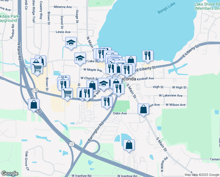 map of restaurants, bars, coffee shops, grocery stores, and more near 218 South Church Street in Wauconda