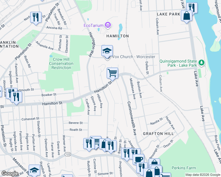 map of restaurants, bars, coffee shops, grocery stores, and more near 3 Anderson Avenue in Worcester