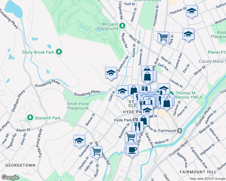 map of restaurants, bars, coffee shops, grocery stores, and more near 45 Child Street in Boston