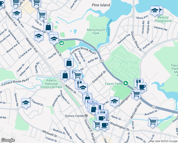 map of restaurants, bars, coffee shops, grocery stores, and more near 64 Merrymount Road in Quincy