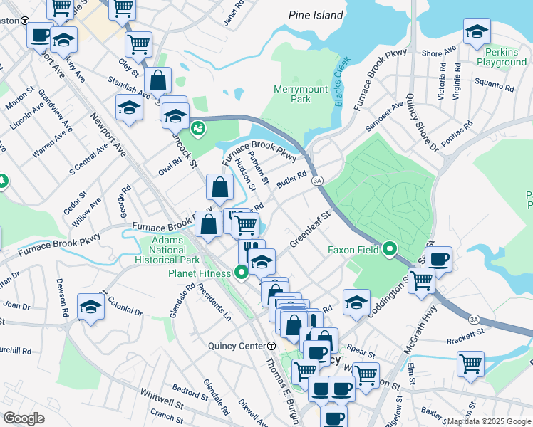 map of restaurants, bars, coffee shops, grocery stores, and more near 64 Merrymount Road in Quincy