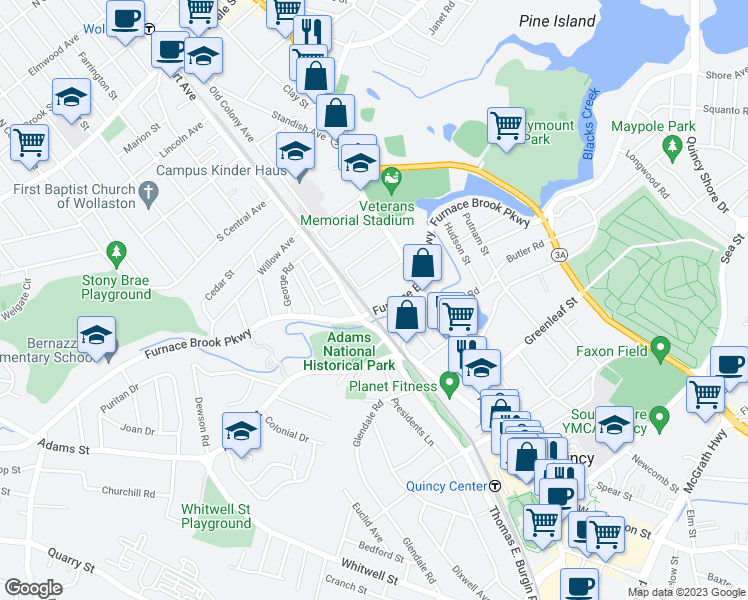 map of restaurants, bars, coffee shops, grocery stores, and more near 421 Furnace Brook Parkway in Quincy