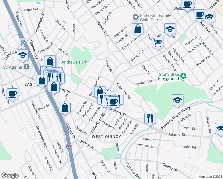 map of restaurants, bars, coffee shops, grocery stores, and more near 30 Eaton Street in Milton