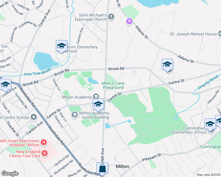 map of restaurants, bars, coffee shops, grocery stores, and more near 310 Randolph Avenue in Milton