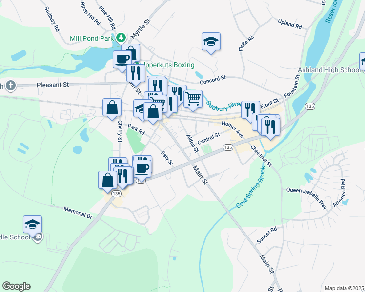 map of restaurants, bars, coffee shops, grocery stores, and more near 87 Alden Street in Ashland