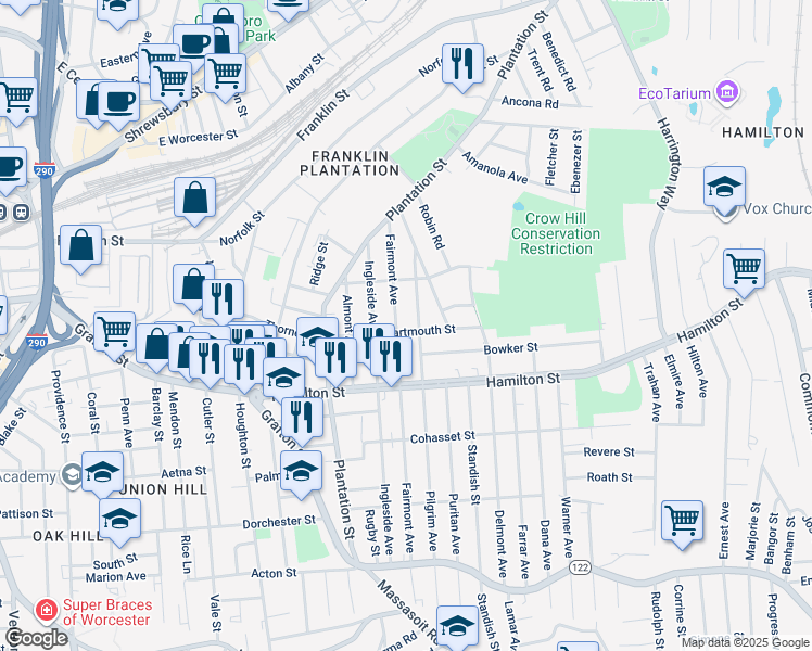 map of restaurants, bars, coffee shops, grocery stores, and more near 73 Fairmont Avenue in Worcester