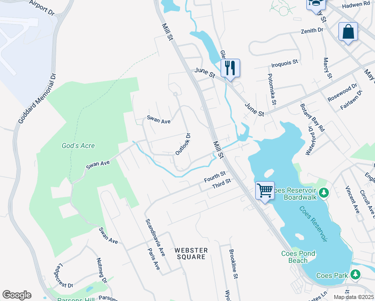 map of restaurants, bars, coffee shops, grocery stores, and more near in Worcester