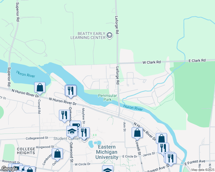map of restaurants, bars, coffee shops, grocery stores, and more near 725 Green Road in Ypsilanti